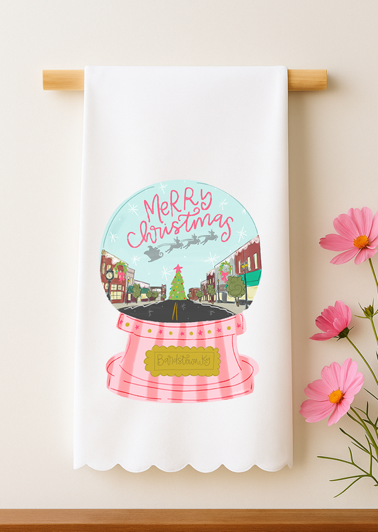 Custom Name- Pink Snow Globe Scalloped Tea Towel