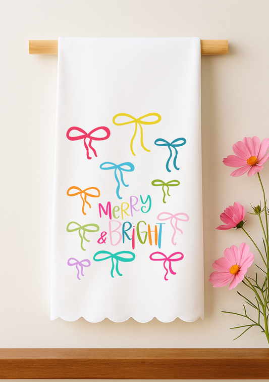 Merry and Bright Bows Scalloped Tea Towel