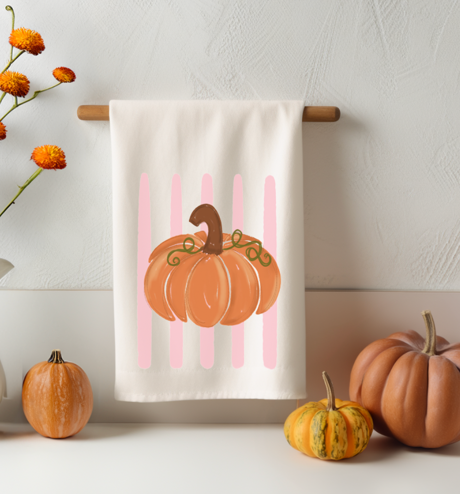 Pink Striped Pumpkin Tea Towel