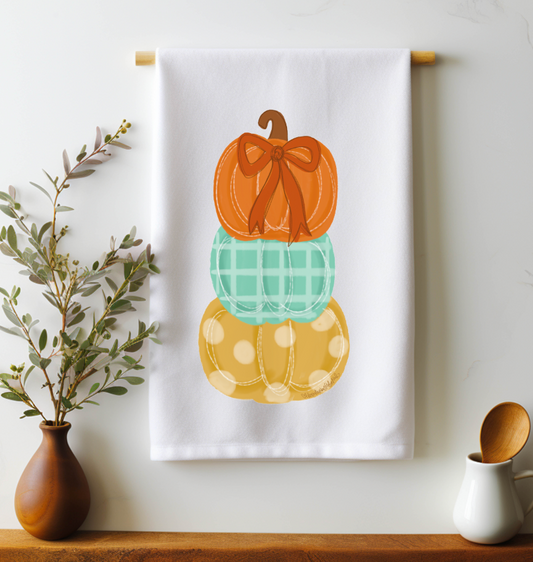 Trio Pumpkin Stack with Bow Tea Towel