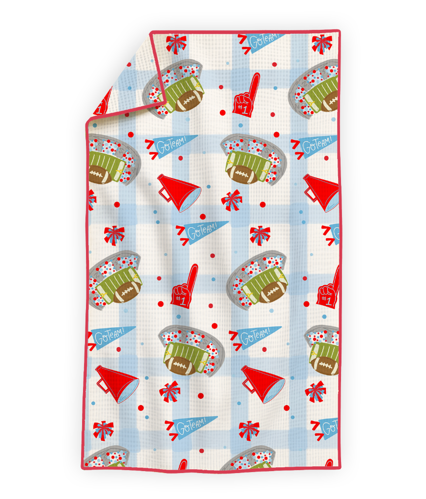 Red & Light Blue Football Game Day- Microfiber Waffle Weave Tea Towel