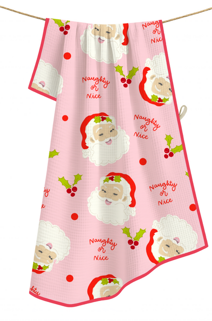 Naughty or Nice Santa- Microfiber Waffle Weave Tea Towel