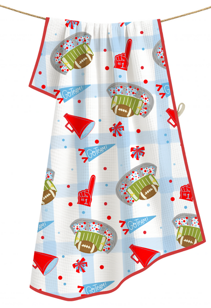 Red & Light Blue Football Game Day- Microfiber Waffle Weave Tea Towel