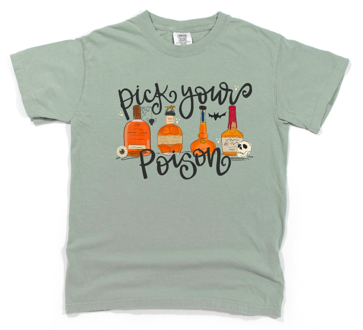 Light green t-shirt with 'Pick your Poison' text and bottle graphics on a white background