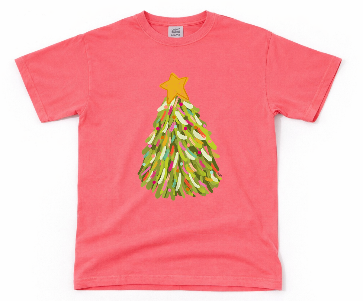 Red t-shirt with a Christmas tree design on a white background