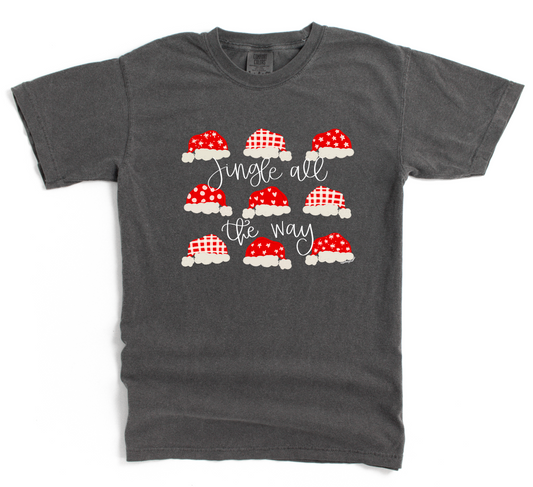 Gray t-shirt with red and white graphic design and 'jingle all the way' text on a white background