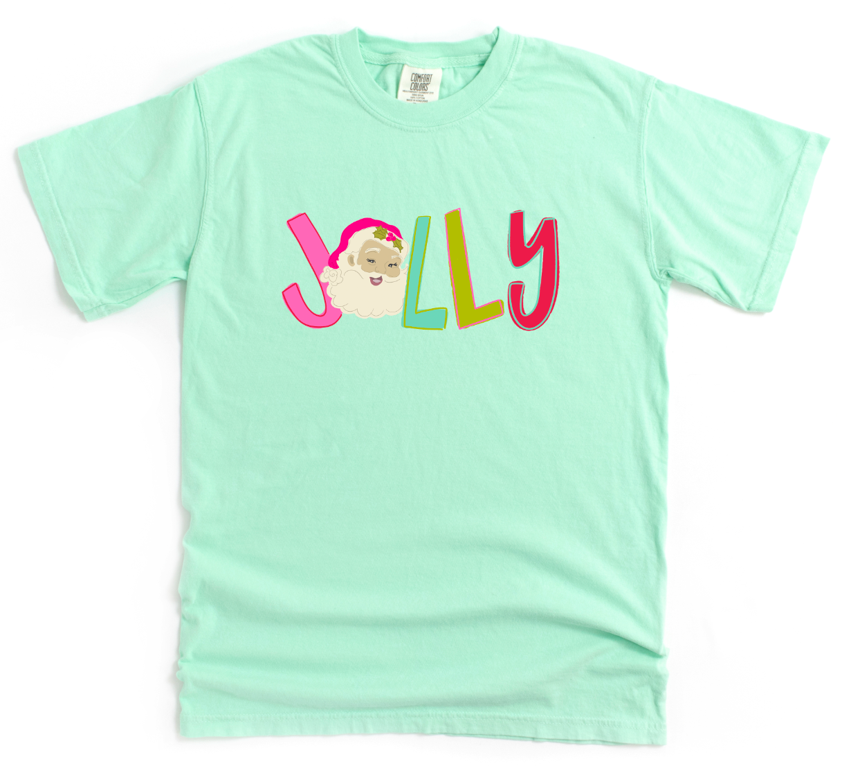 Mint green t-shirt with colorful 'Jolly' design featuring a Santa Claus face on a white background