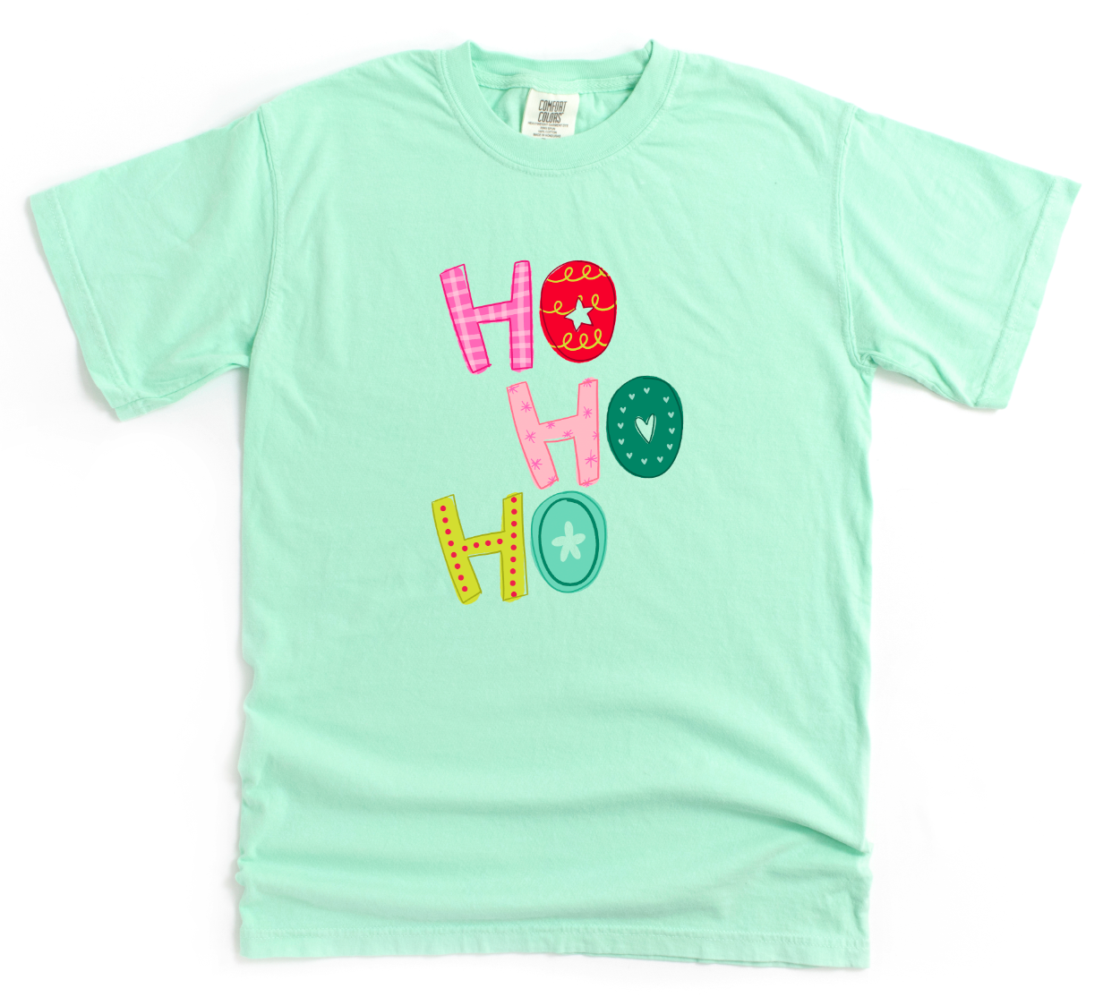Mint green t-shirt with 'HO HO HO' text in colorful letters on a white background