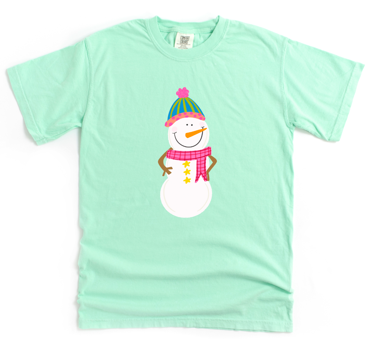 Light green t-shirt with a snowman graphic on a white background