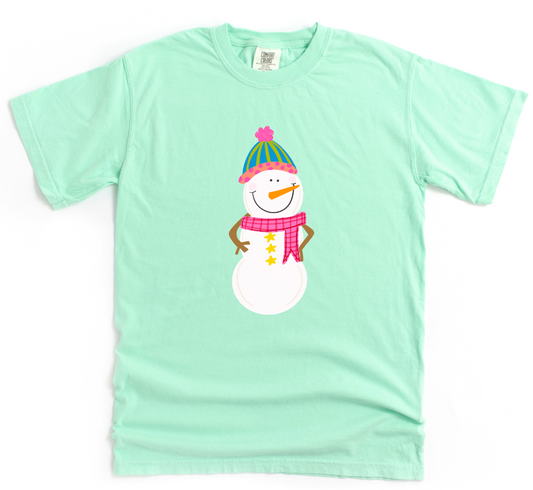 Light green t-shirt with a snowman graphic on a white background