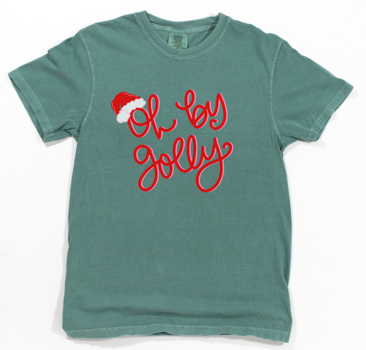Green t-shirt with 'Oh by Jolly' text and Santa hat graphic on a white background