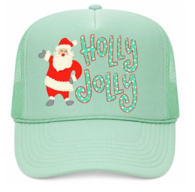 Mint green cap with Santa Claus and 'Holly Jolly' text on a white background