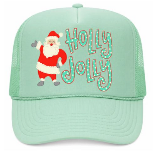 Mint green cap with Santa Claus and 'Holly Jolly' text on a white background