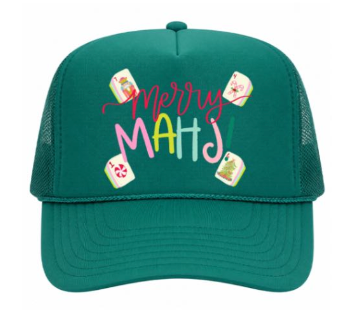 Green cap with colorful text and card designs on a white background