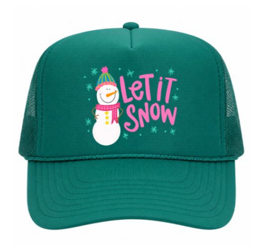 A green trucker hat with a snowman that says "Let It Snow"