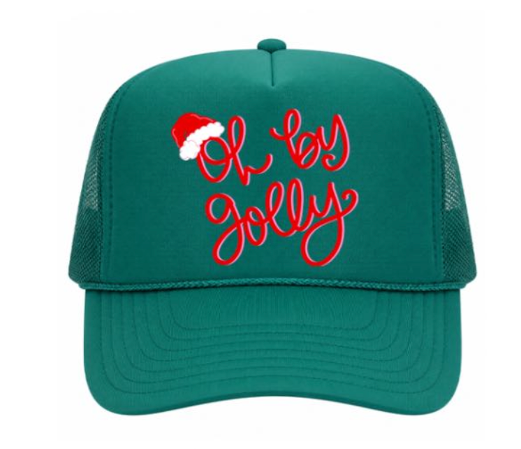 Green trucker hat with 'Oh by Golly' text and Santa hat graphic on a white background
