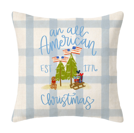 Decorative pillow with plaid pattern, Christmas-themed design, and text 'an all American Christmas'.