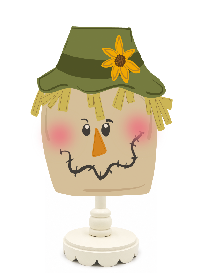 Decorative scarecrow figure with a green hat and sunflower on a white background