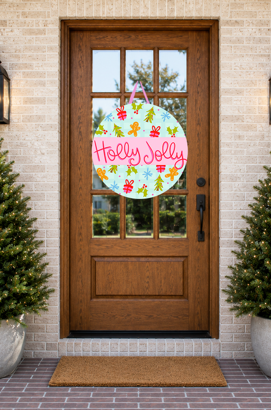 Decorative door hanger with 'Holly Jolly' text on a wooden door with Christmas decorations.