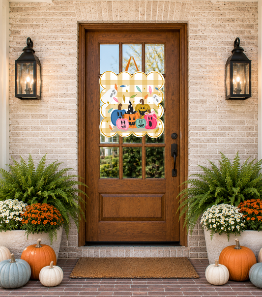 Colorful pumpkin door hanger on a gingham background with a front porch behind