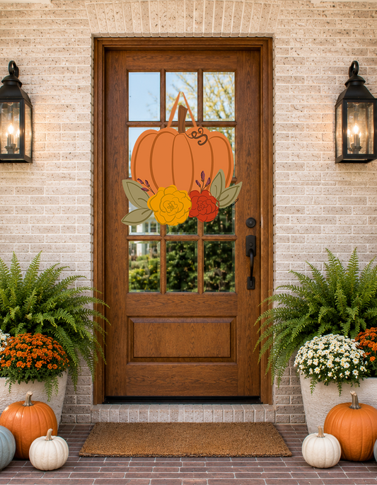 Decorative front door with pumpkin and floral window cling, flanked by potted plants and pumpkins on a brick porch.