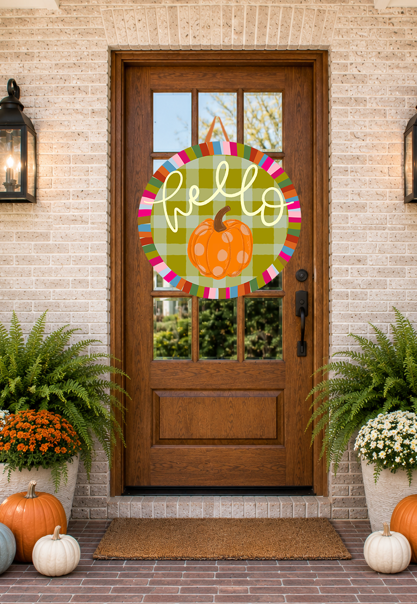 Front door with a decorative 'hello' sign featuring a pumpkin, flanked by potted plants and pumpkins on a brick patio.