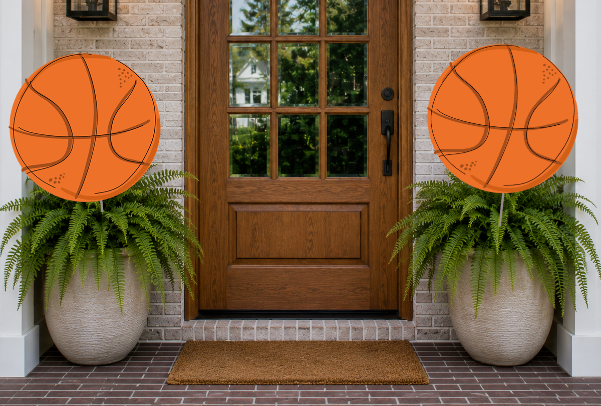 Decorative basketballs on potted plants in front of a wooden door.