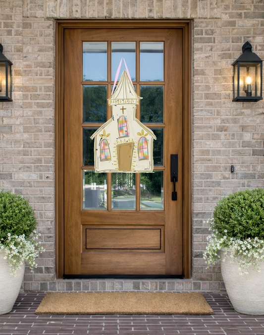 Doodles by Rebekah whimsical church door decor featuring hand-painted stained-glass windows and a rustic steeple design on a wooden front door.