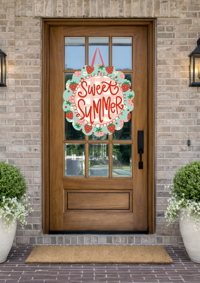 Doodles by Rebekah summer door decor featuring a "Sweet Summer" strawberry-themed wreath alternative on a rustic front porch.