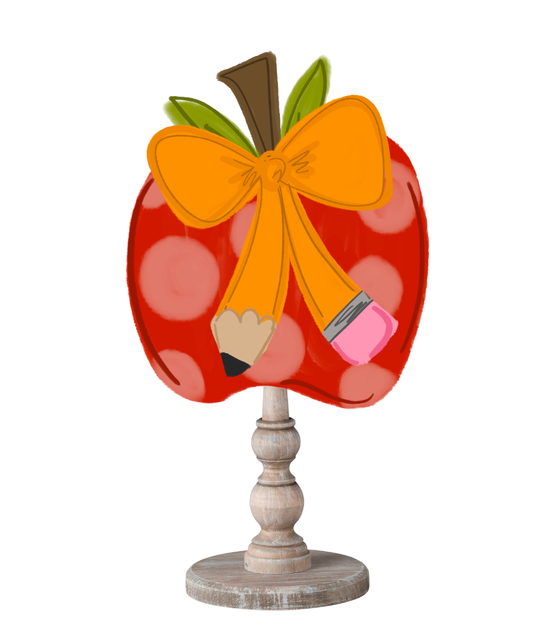 A decorative apple topper with a pencil bow on a wooden dowel with a white background