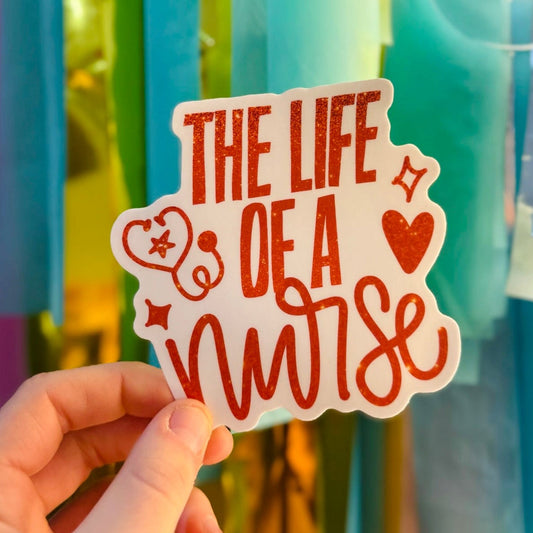 Doodles by Rebekah "The Life of a Nurse" burnt orange glitter sticker. This hand-painted medical-themed vinyl decal is a perfect gift for nursing students, RNs, and healthcare workers to decorate water bottles, clipboards, and planners.