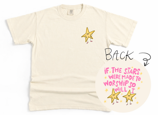 White t-shirt with yellow star design and text on a white background