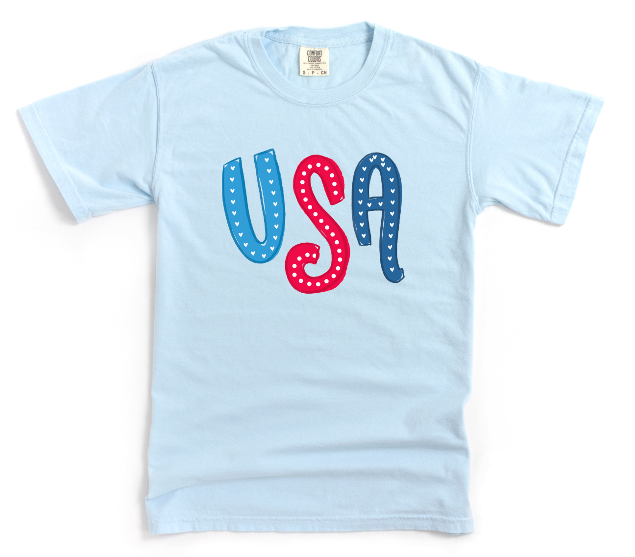 Light blue t-shirt with 'USA' in red, white, and blue on a white background