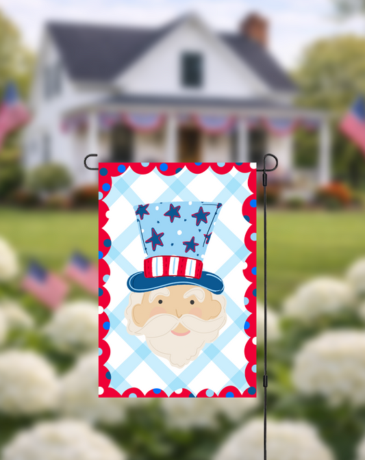 Doodles by Rebekah patriotic Uncle Sam garden flag featuring a whimsical hand-painted design on a blue checkered background. This Americana-themed outdoor decor is ideal for celebrating the Fourth of July, Memorial Day, or adding a festive touch to summer landscaping.