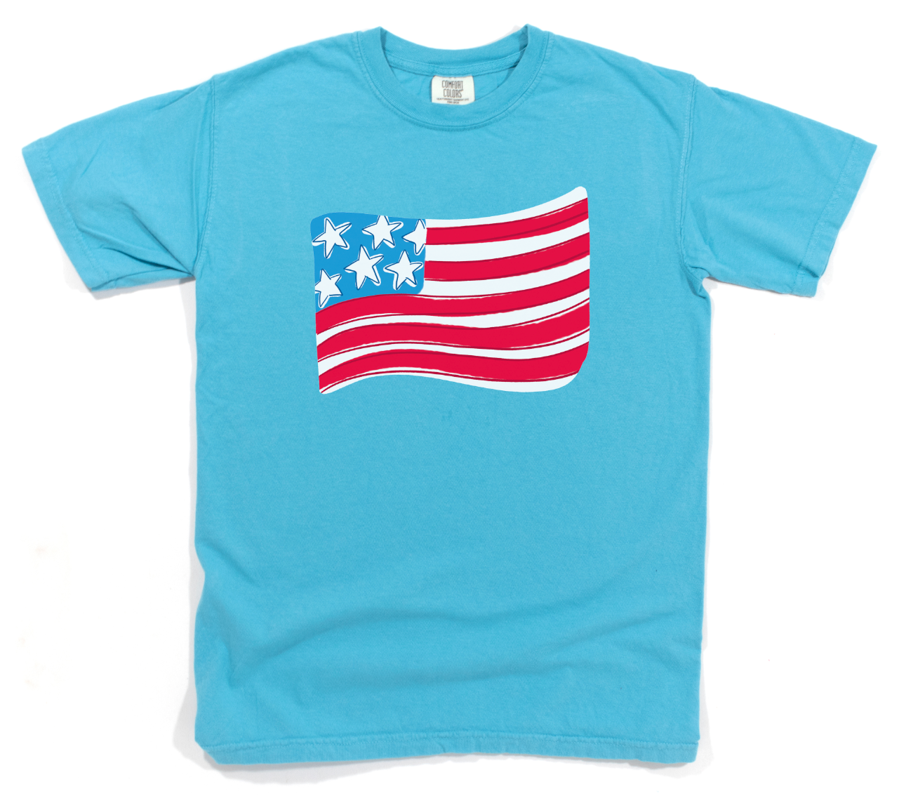 Light blue t-shirt with an American flag design on a white background