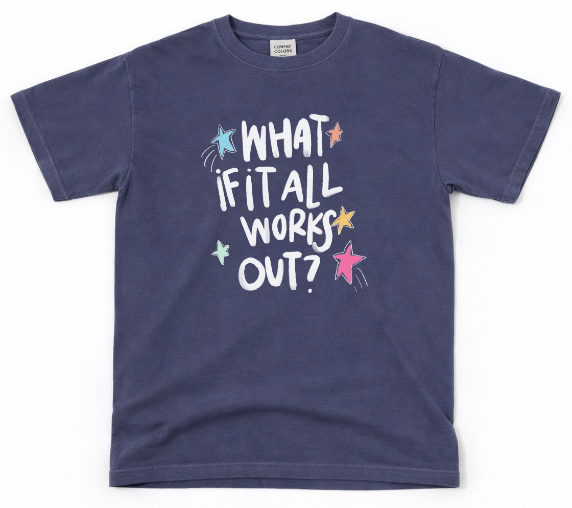 Navy blue t-shirt with motivational text and stars on a white background