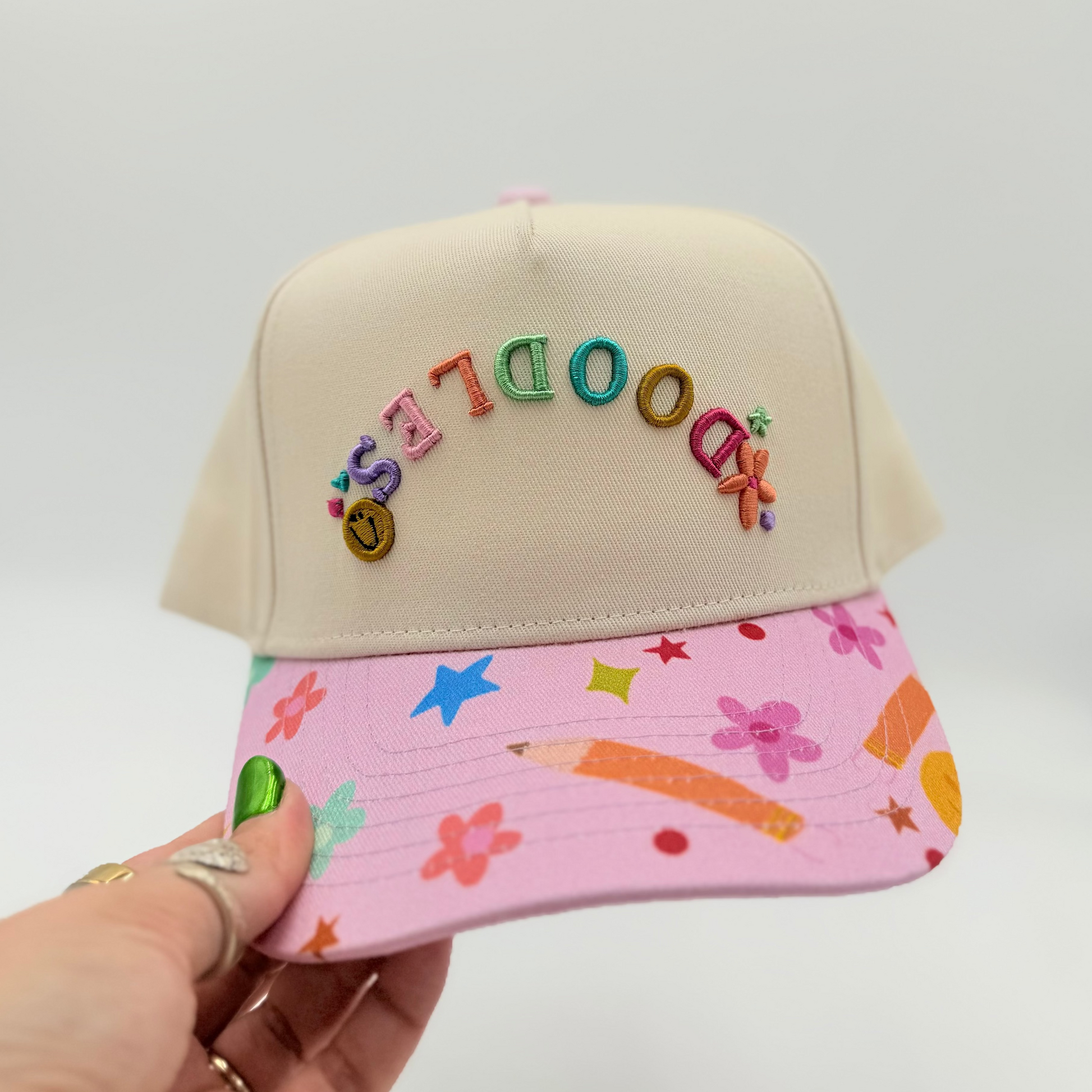 Doodles Upside Down Embroidered Hat With Decorative Bill on a white background