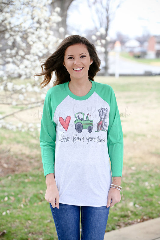 Love. Farm. Grow. Repeat - X-Small / Green Sleeve Raglan - Tees