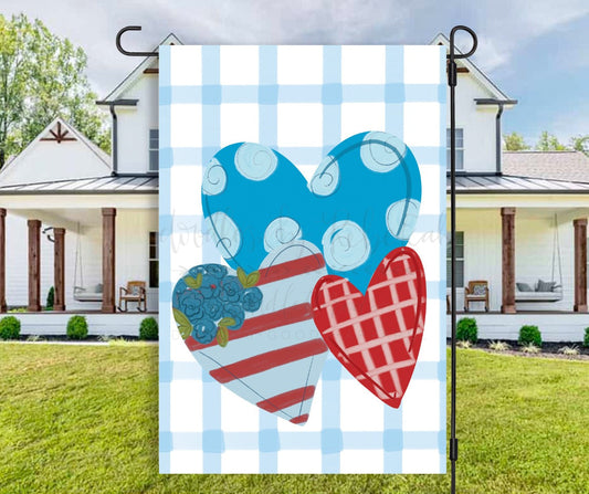 Three Patriotic Hearts Garden Flag