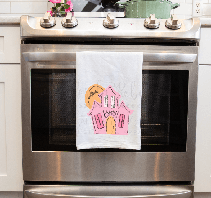 Pink Haunted House Tea Towel