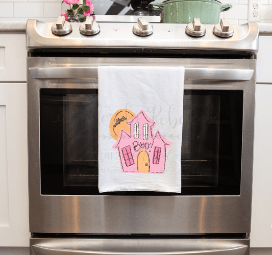 Pink Haunted House Tea Towel