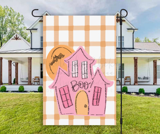 Pink Haunted House Garden Flag
