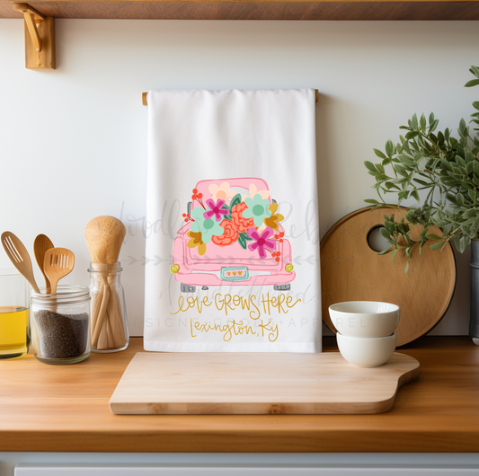 Love Grows Here Flower Truck *Custom Town* Tea Towel