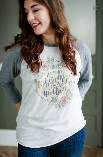 Happiness Blooms From Within Baseball Tee - Doodles by Rebekah