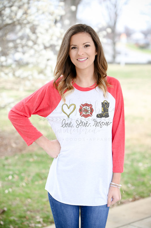 Love. Serve. Rescue Firefighter Raglan or Tee - Doodles by Rebekah